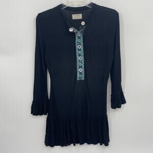 FREE PEOPLE Womens Embroidered Smocked Ruffle Tunic Size  L 3/4 Sleeve  Shirt